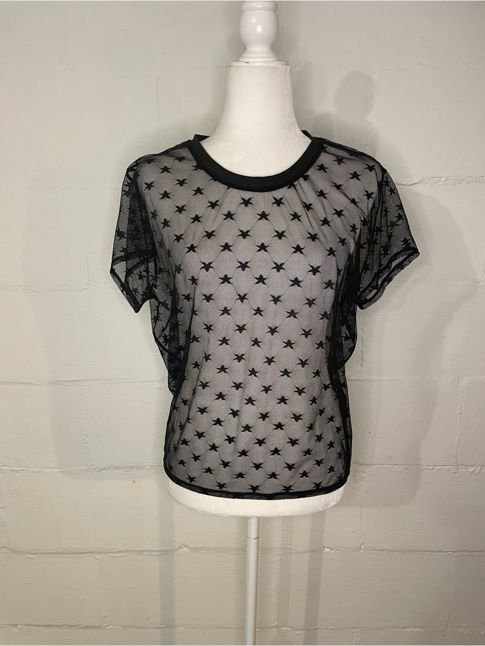Sheer Black Star-Embroidered Short Sleeve Tee
